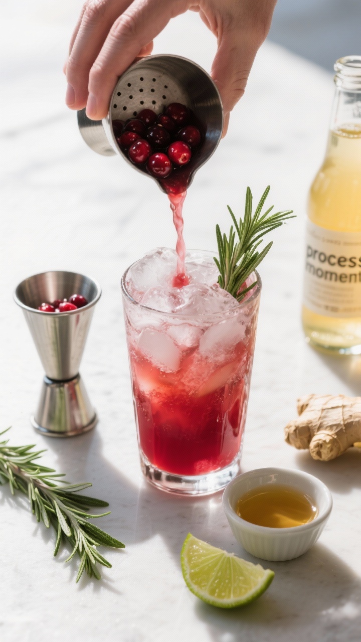 Overhead “process moment” shot of the strained cranberry-lime-rosemary base being poured over fr
