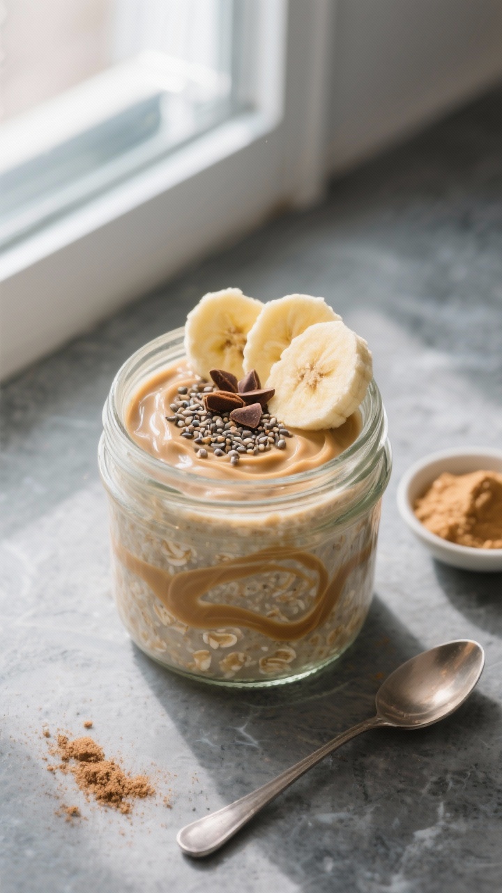 Overhead shot of a chilled jar of Peanut Butter Banana Protein Overnight Oats just opened from the f