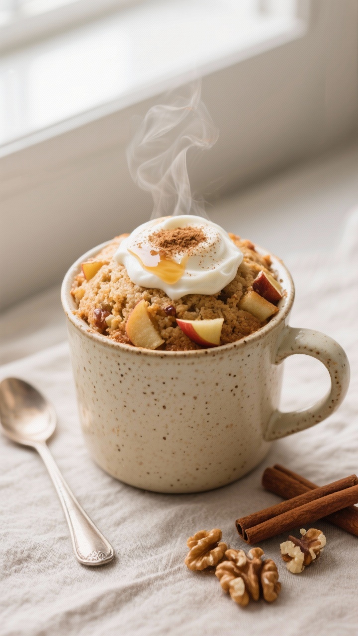 Overhead shot of a freshly microwaved apple cinnamon protein mug cake resting in a large ceramic mug