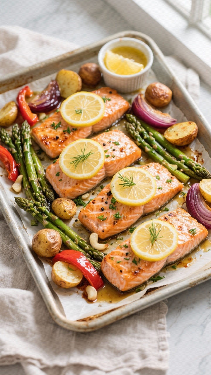 Overhead shot of a one-pan roasted lemon-garlic salmon dinner just out of the oven: four glistening 