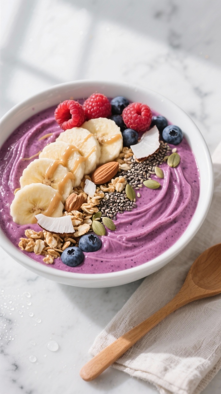 Overhead shot of a thick, scoopable vanilla berry protein smoothie bowl just after blending, spooned