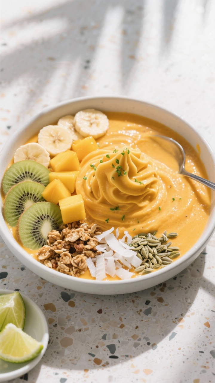 Overhead shot of a thick, spoonable Tropical Mango Smoothie Bowl freshly blended and swirled into so