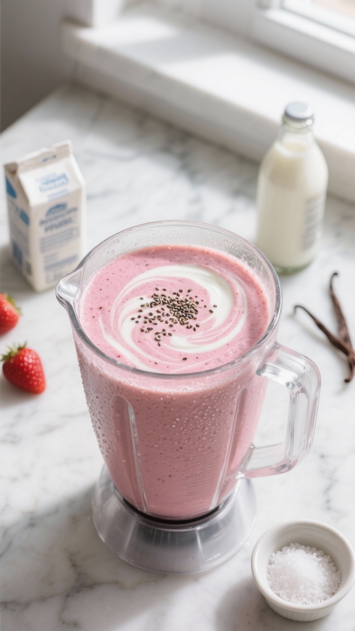 Overhead shot of a thick strawberry vanilla protein smoothie being blended mid-swirling vortex in a 
