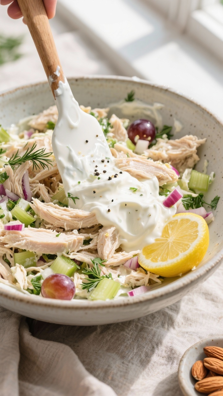 Overhead shot of creamy Greek yogurt chicken salad being mixed in a large ceramic bowl: a silicone s