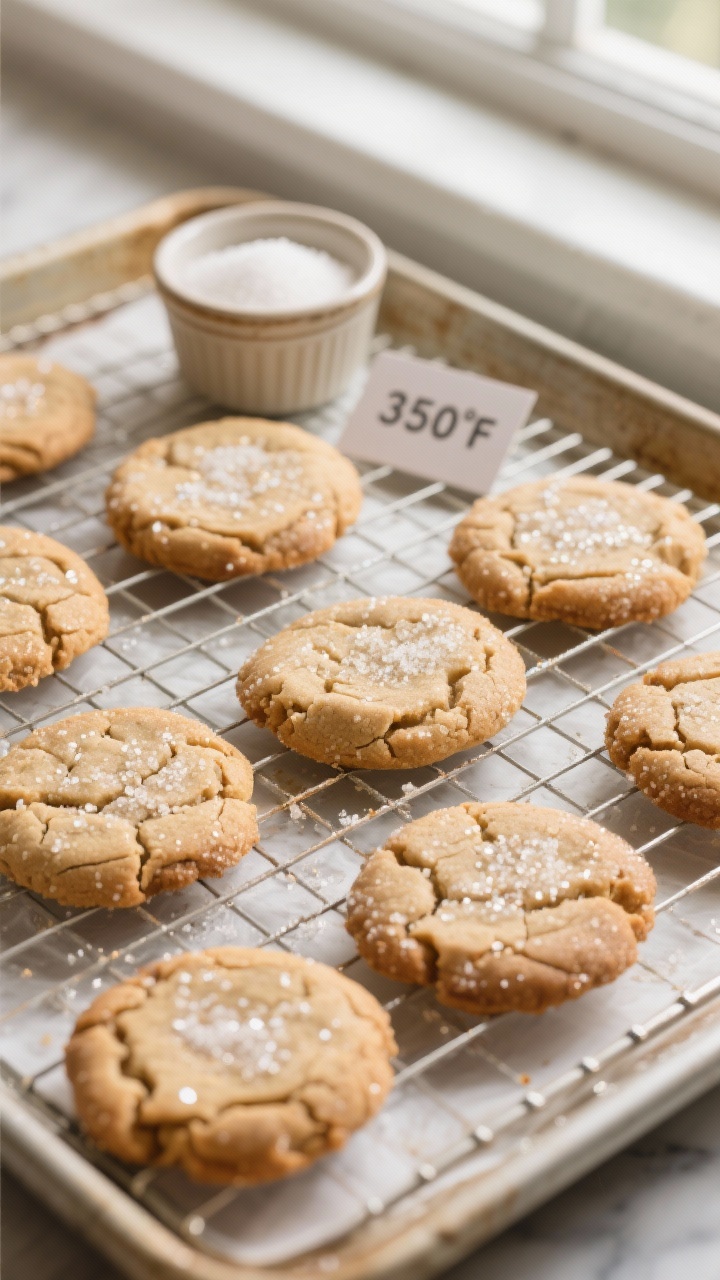 Overhead shot of freshly baked gluten-free almond butter sugar cookies cooling on a wire rack, each 
