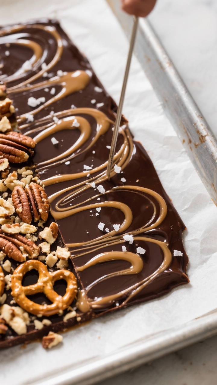 Overhead shot of freshly set Gluten Free Salted Caramel Chocolate Bark on parchment-lined baking she