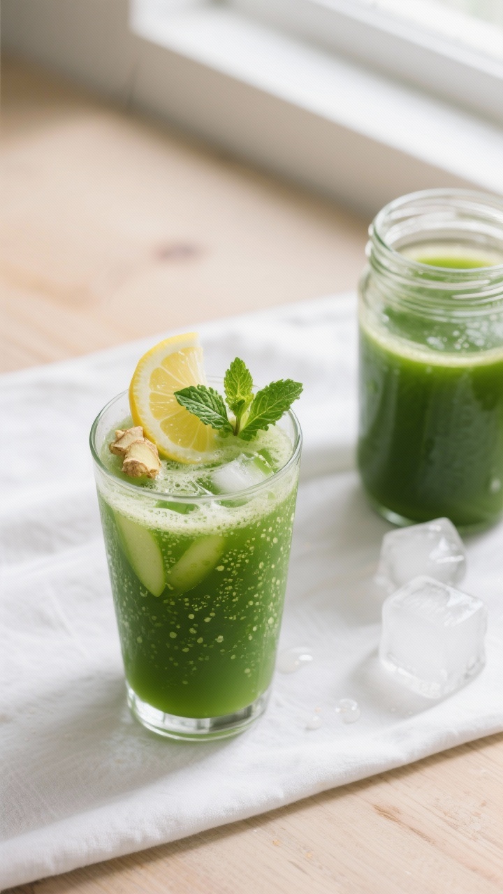 Overhead shot of the finished Kale, Apple & Ginger Green Juice poured over ice in a clear highball g