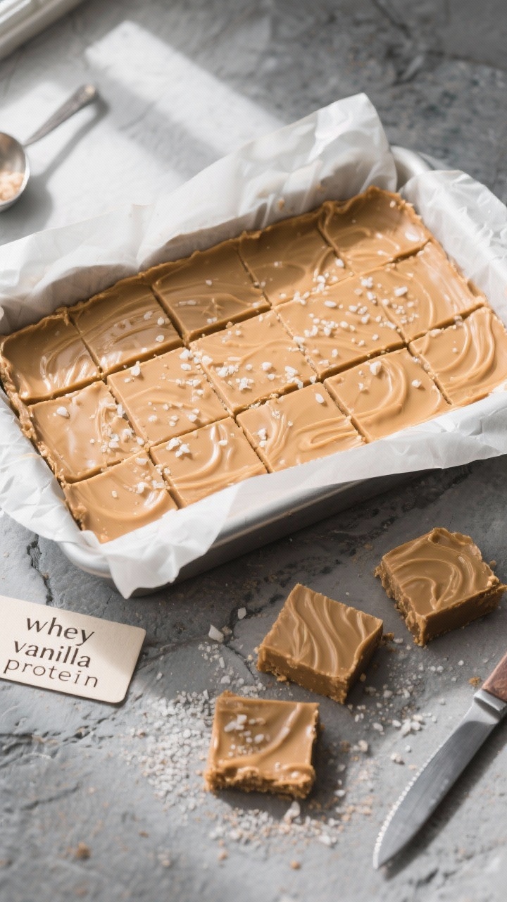 Overhead shot of the finished peanut butter protein fudge slab just lifted from a parchment-lined 8x
