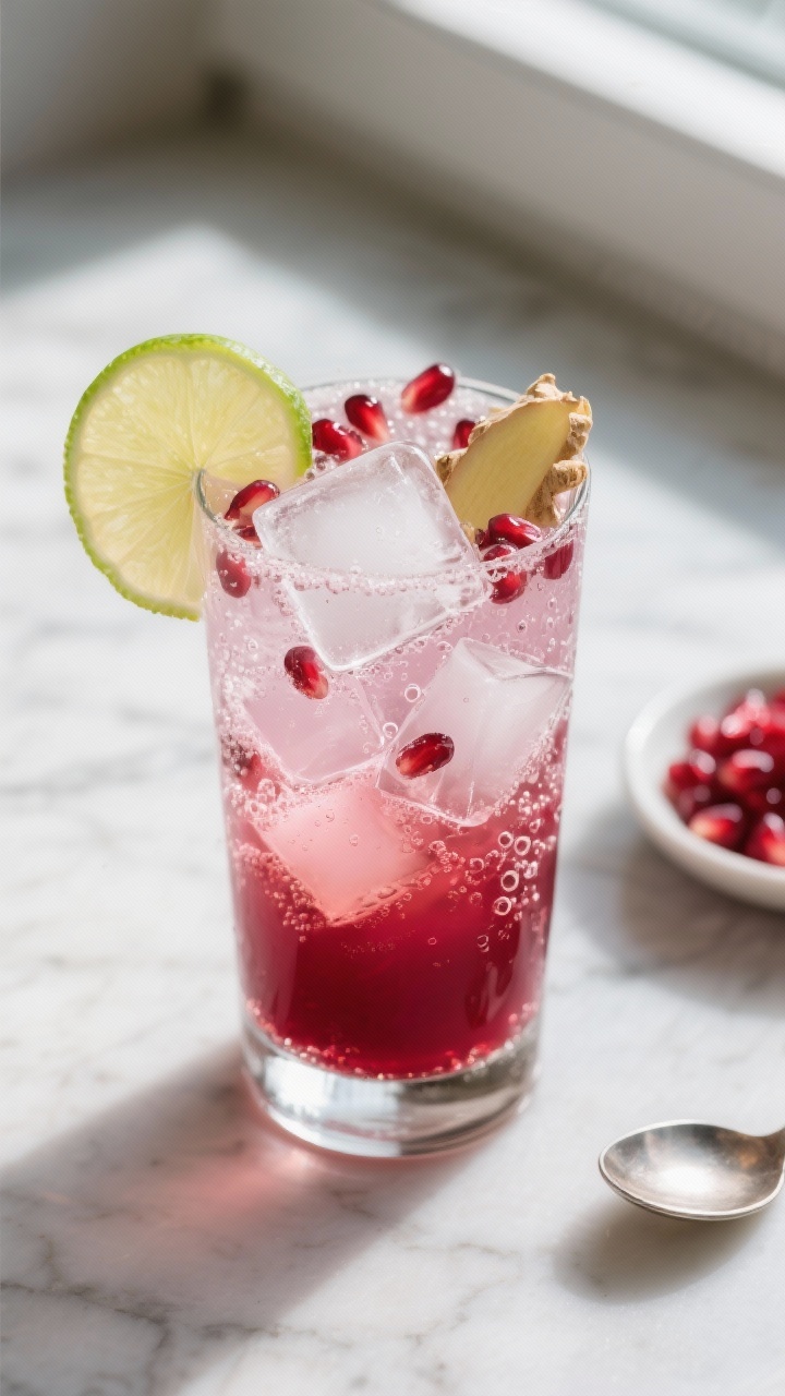 Overhead shot of the finished Sparkling Pomegranate Ginger Mocktail in a tall highball glass filled 