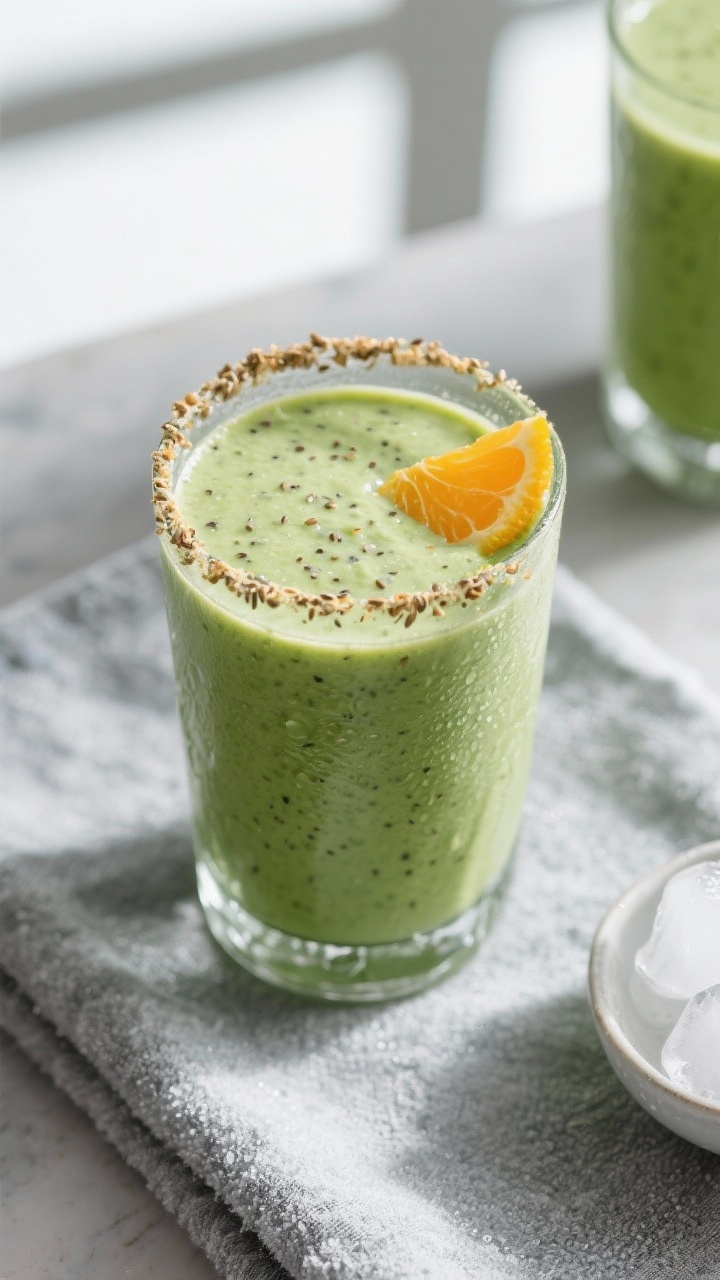 Overhead shot of the prepared Green Glow Protein Smoothie just after blending, poured into a chilled