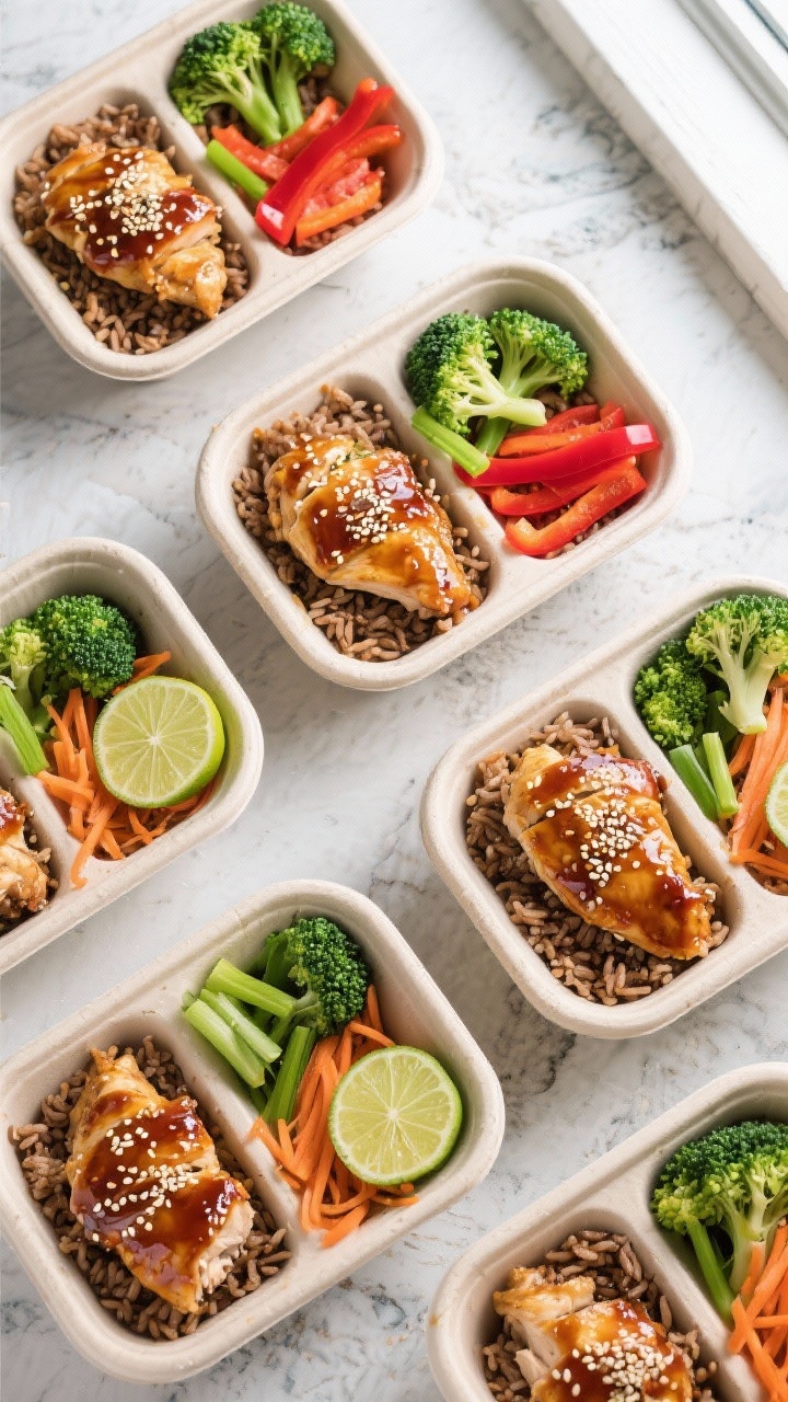 Tasty top view final meal prep: Overhead shot of neatly arranged honey garlic chicken meal prep bowl