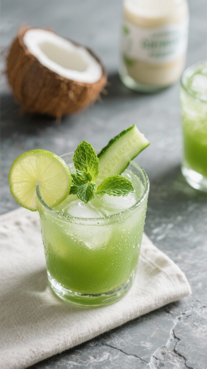 Tasty top view final presentation: Overhead shot of a chilled glass of minty green juice over ice, g