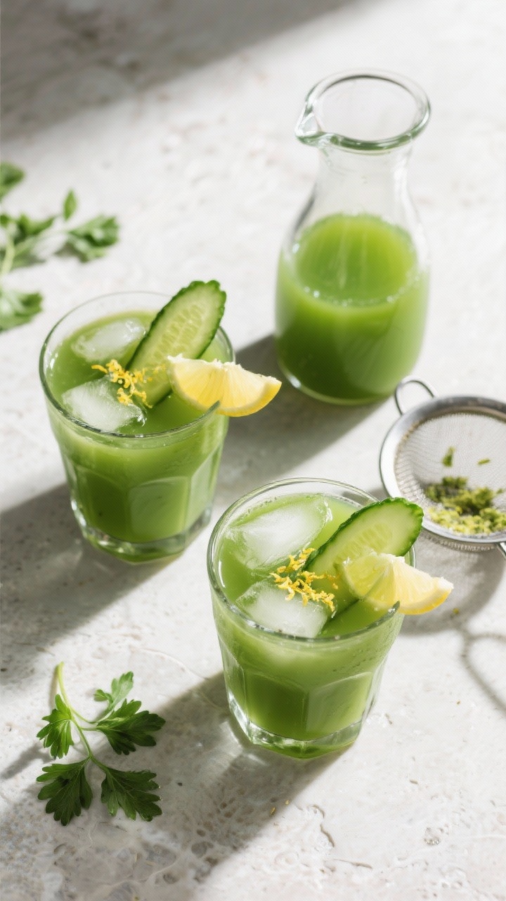 Tasty top view (final presentation + process context): Overhead shot of the finished juice poured in