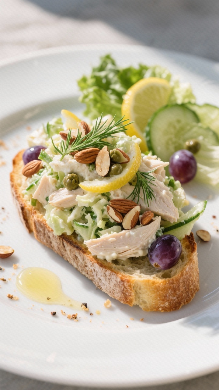 Tasty top view of final plated Greek yogurt chicken salad open-faced on toasted sourdough: generous
