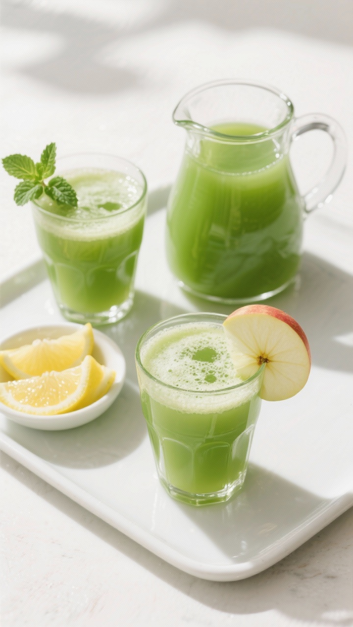 Tasty top view: Overhead shot of a small pitcher and two short tumblers filled with the finished swe