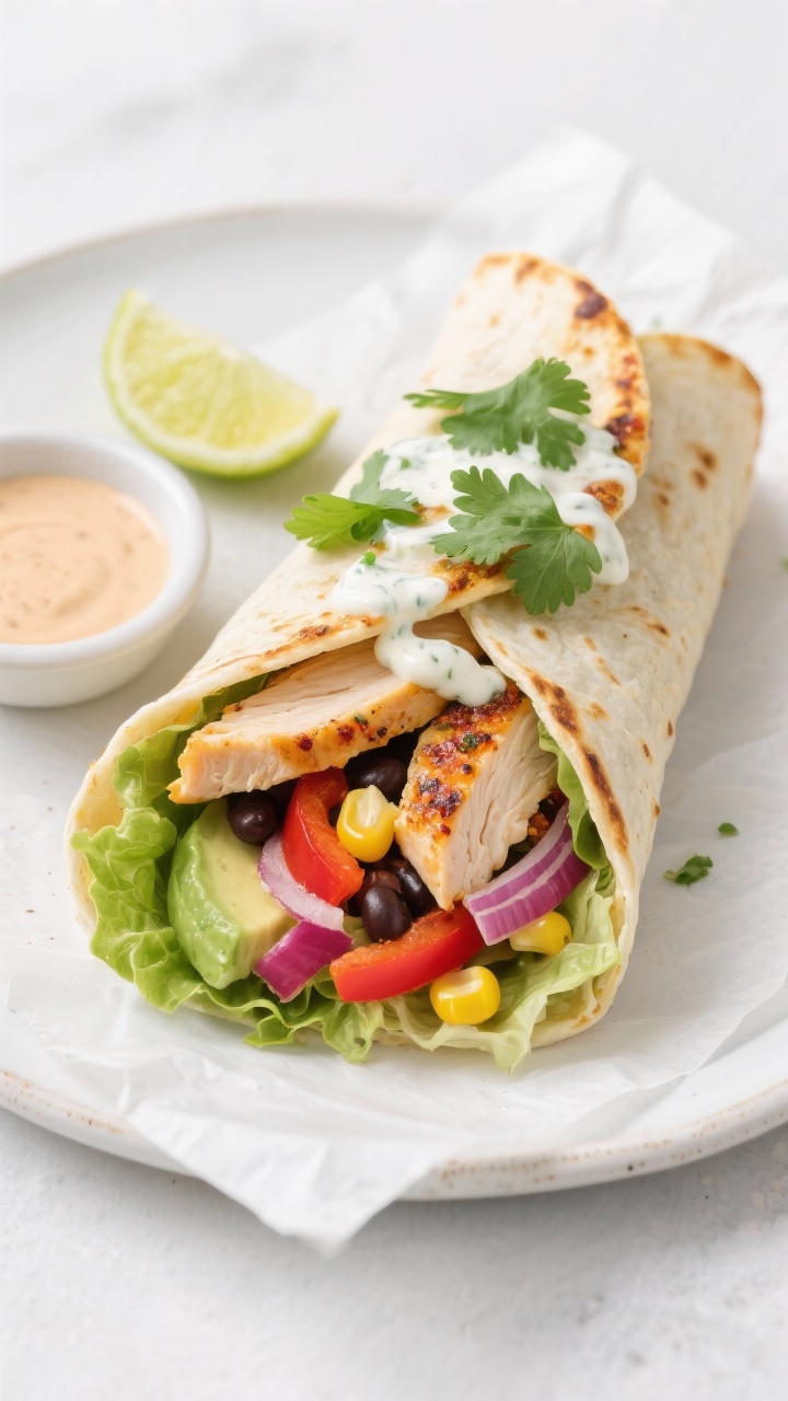 Tasty top view: Overhead shot of a tightly rolled Southwest chicken wrap, café-style seared with go