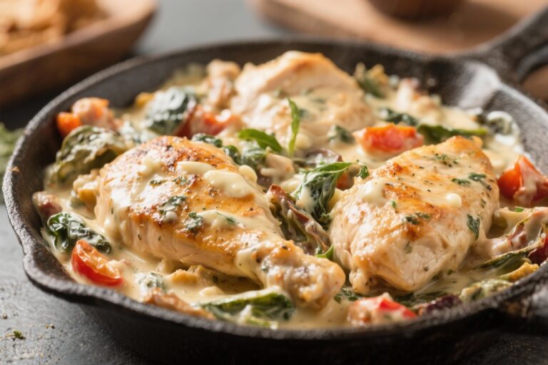Creamy Tuscan Chicken Skillet (High Protein, Dairy Light) – A Cozy, Weeknight Favorite