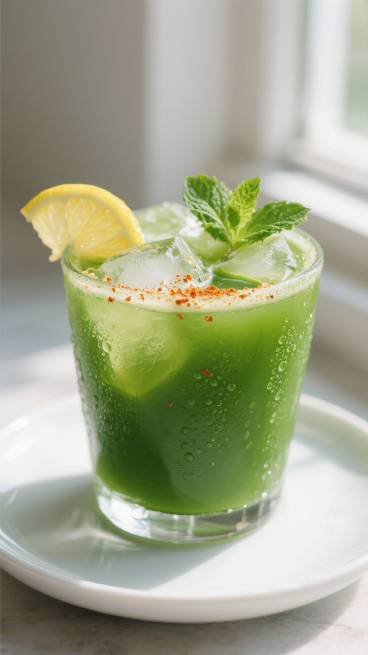 Close-up detail: A chilled glass of Morning Metabolism Green Juice poured over clinking ice, vivid e