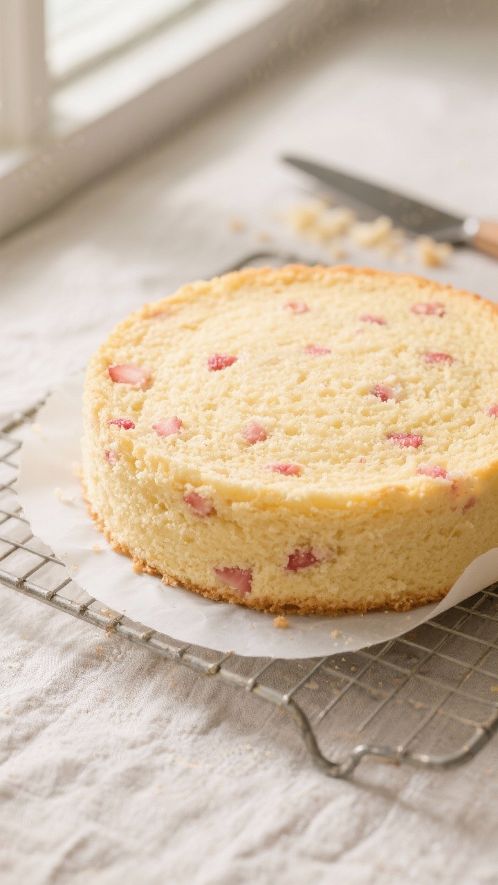 Close-up detail, cooking process: A freshly baked 8-inch vanilla-strawberry cake layer just out of t