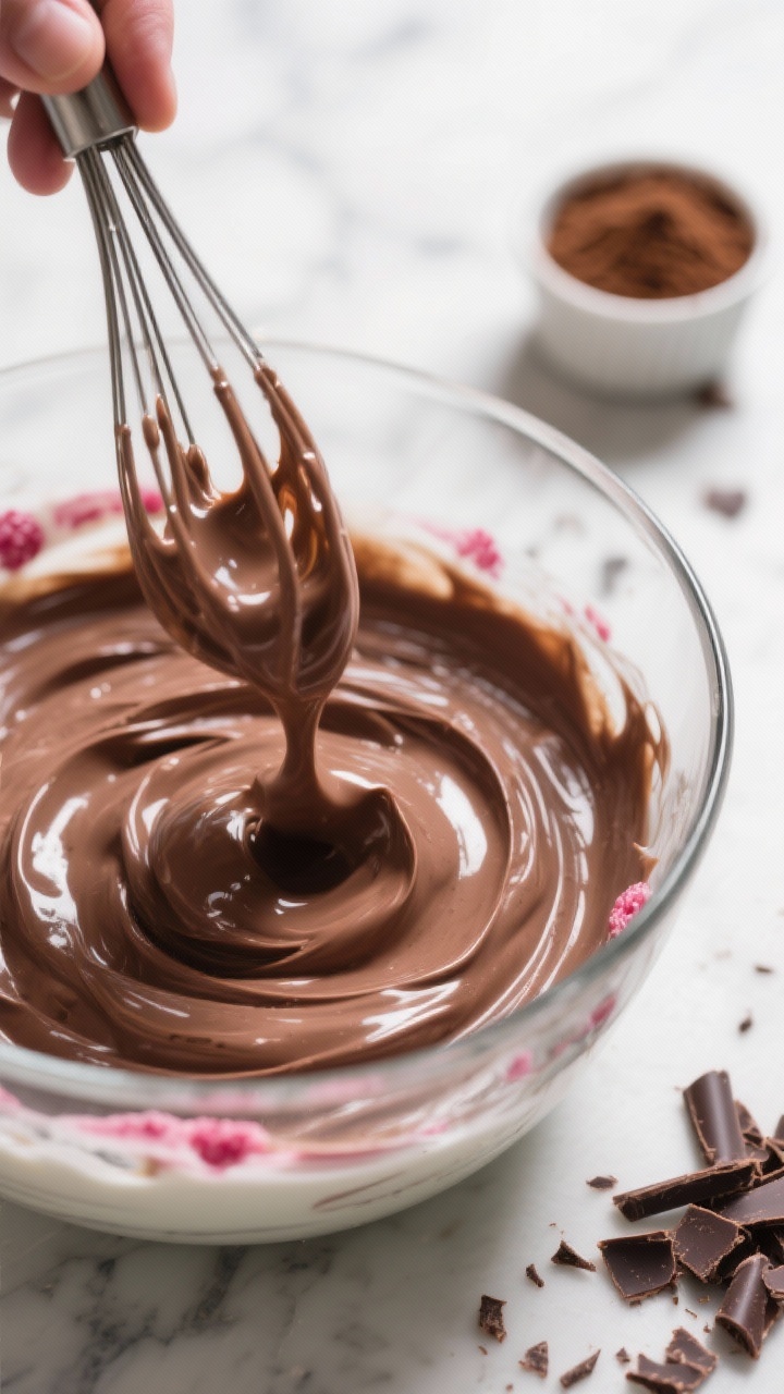 Close-up detail/cooking process: A glossy stream of melted gelatin being whisked into a silky chocol