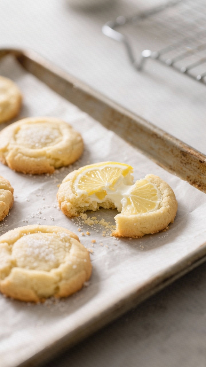 Close-up detail, cooking process: A tray of just-baked high-protein lemon sugar cookies resting on a