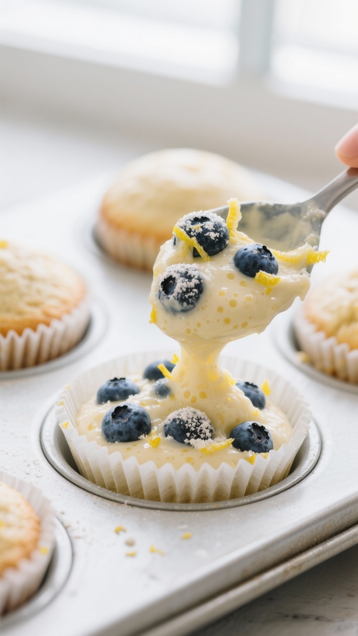 Close-up detail, cooking process: Lemon blueberry cupcake batter just folded with flour-dusted blueb