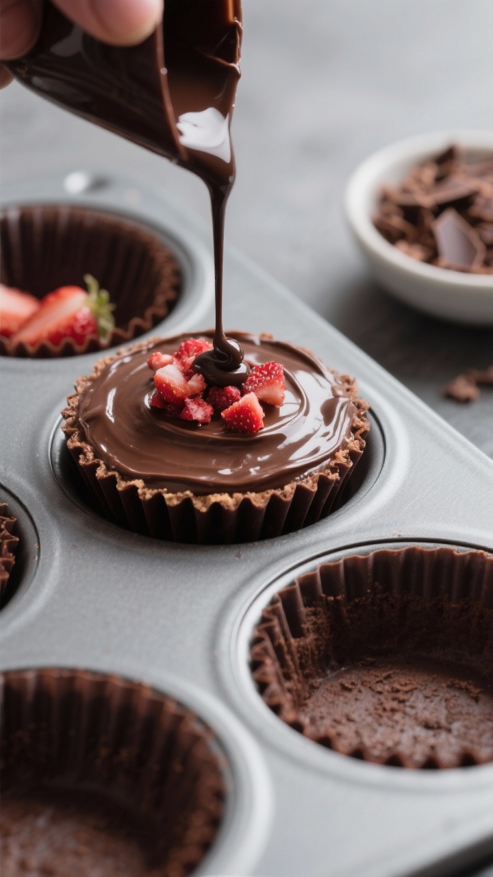 Close-up detail, no-bake process shot: A lined muffin tin filled with partially assembled High-Prote