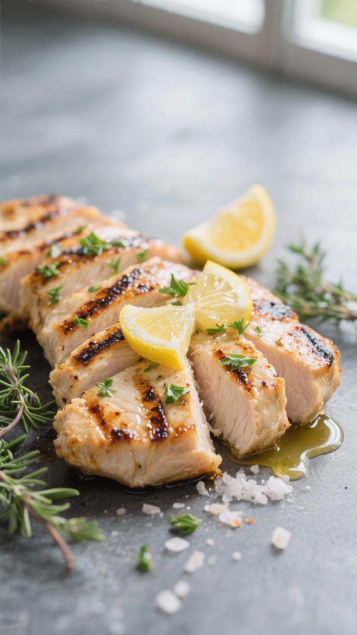 Close-up detail of sliced lemon-herb chicken cutlet just off the grill, juicy interior glistening wi