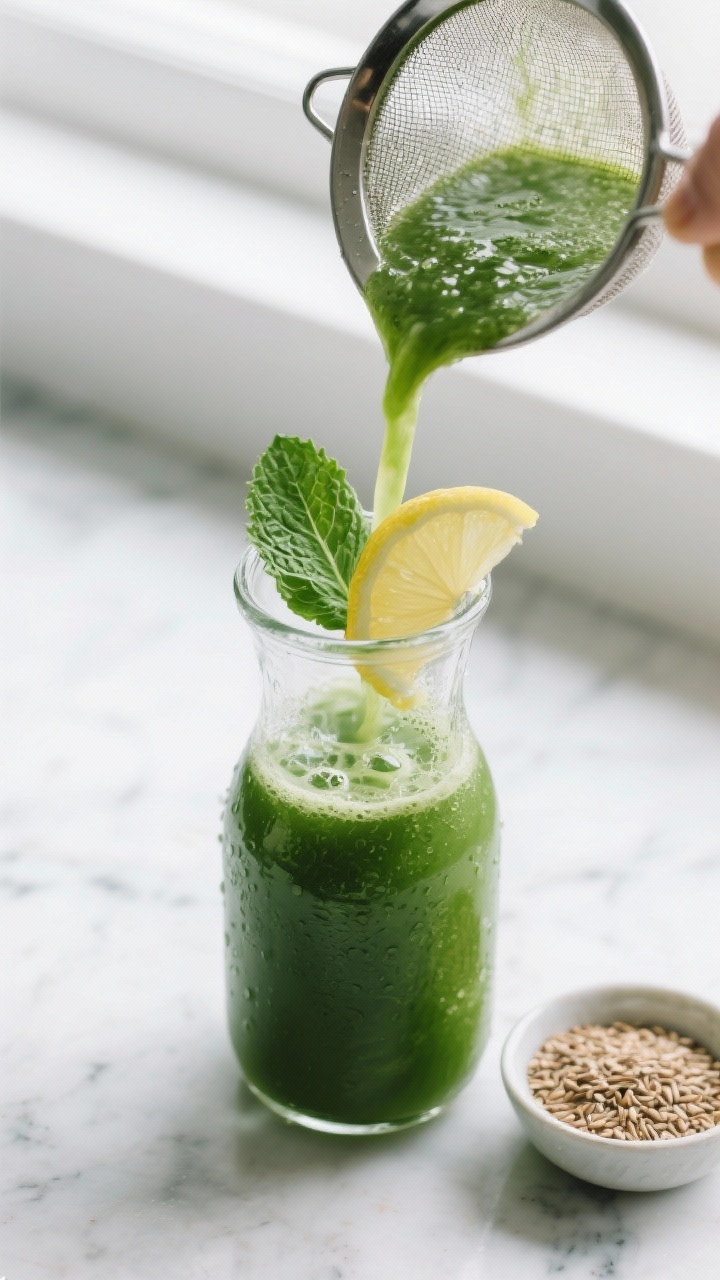 Close-up detail of the finished Hormone-Balancing Green Juice being poured through a fine mesh sieve
