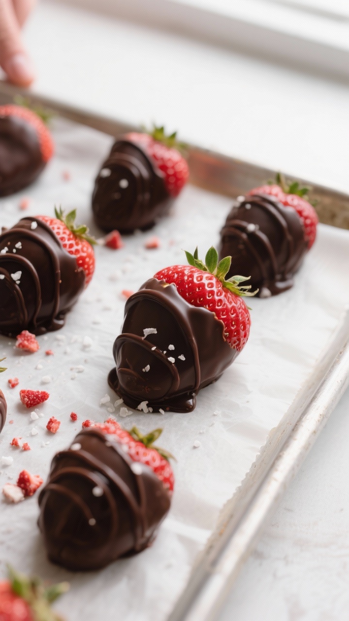 Close-up detail/process shot: A parchment-lined tray with freshly dipped dark chocolate strawberry b