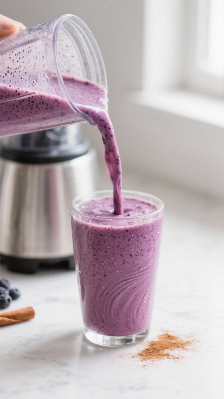 Close-up detail shot: a freshly blended low-cal protein berry smoothie being poured from a frosted b