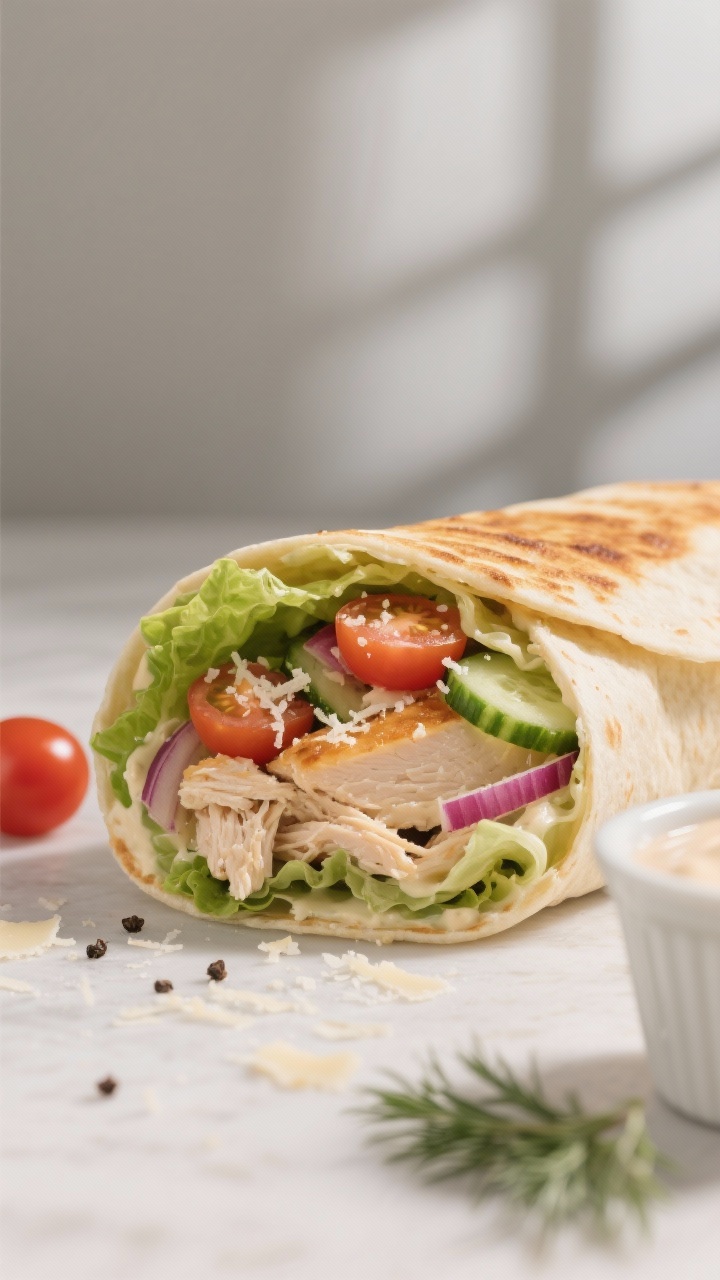 Close-up detail shot: A sliced chicken ranch wrap seared to a light golden toast on the exterior, re