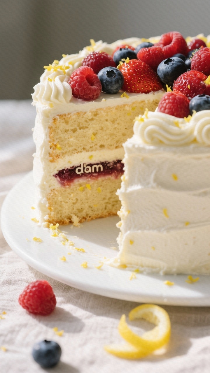 Close-up detail shot: a sliced wedge of the fully assembled Lemon Berry Birthday Cake sliding slight