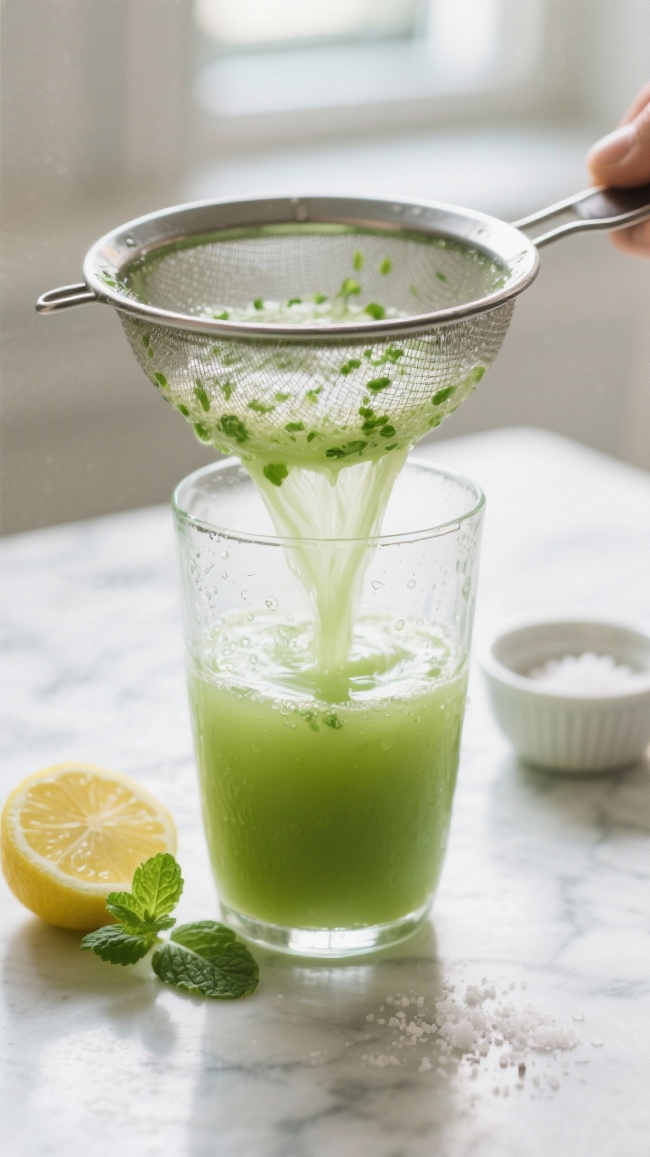 Close-up detail shot of the finished green juice being strained for a silky texture: vibrant, pale-g