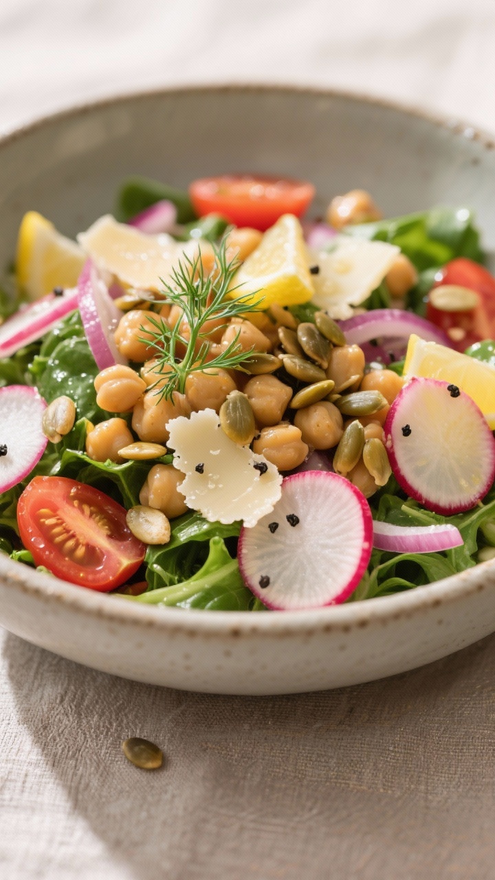 Close-up final plating of the salad in a shallow matte stoneware bowl, restaurant-style presentation