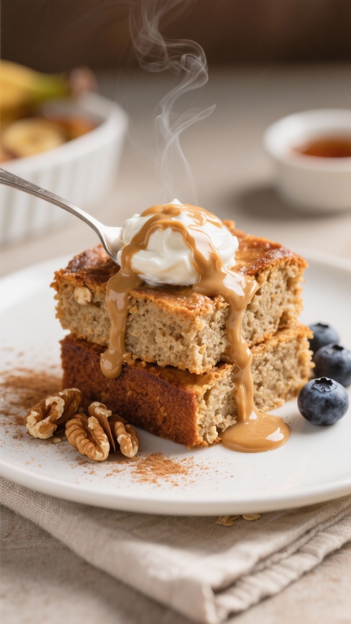 Close-up, plated final serving of the Protein Banana Bread Breakfast Bake: two warm squares stacked 