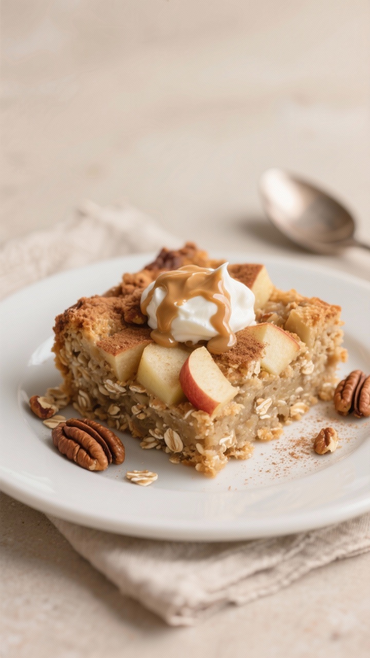 Close-up plated slice of the apple cinnamon oat bake on a matte white plate, thick square with defin