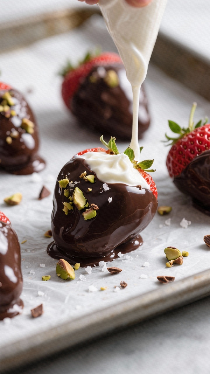 Close-up process shot: Chocolate-dipped, Greek-yogurt–filled strawberries resting on a parchment-l