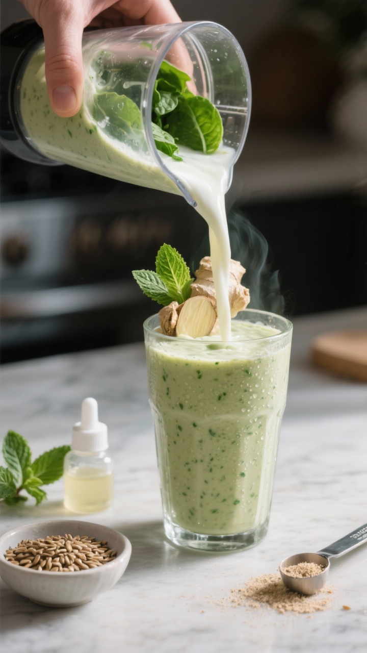 Close-up process shot of the smoothie mid-blend pour: thick, silky stream cascading from a blender i