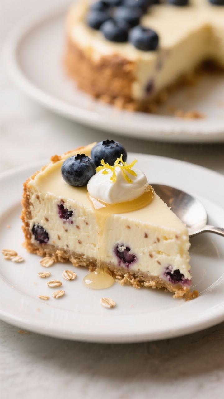 Close-up slice on a small white plate: creamy, cheesecake-adjacent interior with tiny oat flecks, st