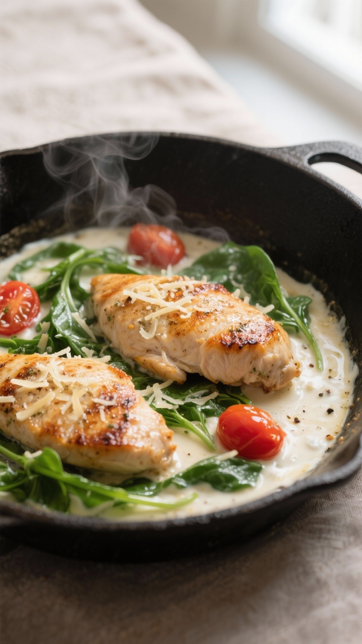 Cooking process, close-up detail: Seared chicken cutlets nestled in a shallow skillet of silky, ligh