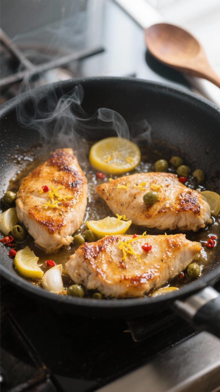 Cooking process, close-up detail: Sizzling lemon-garlic chicken cutlets in a matte black skillet, go