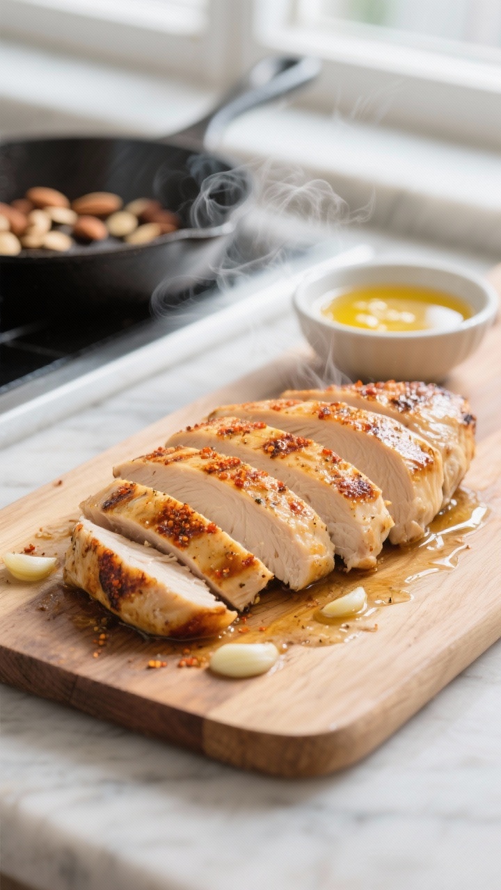 Cooking process close-up: Sliced grilled chicken breast resting on a wooden board just after cooking