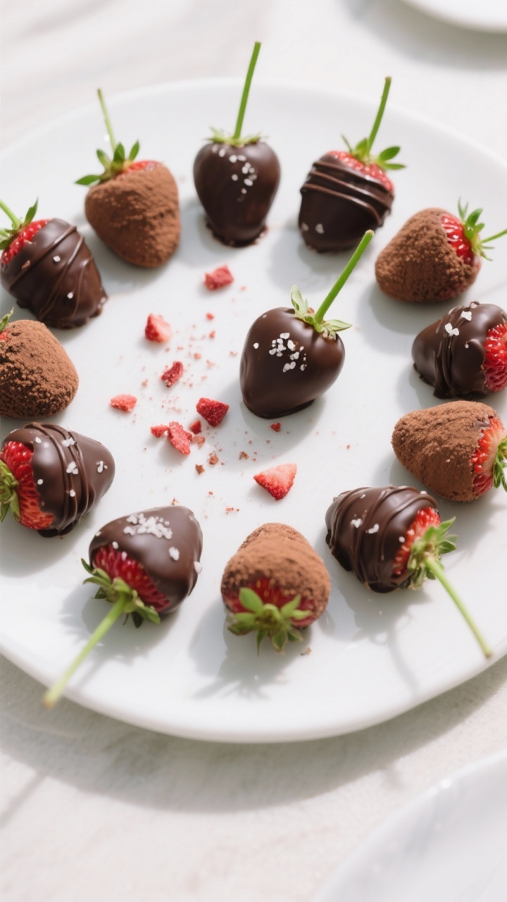 Final dish overhead: Elegant top-down shot of low-cal dark chocolate strawberry bites arranged in a 
