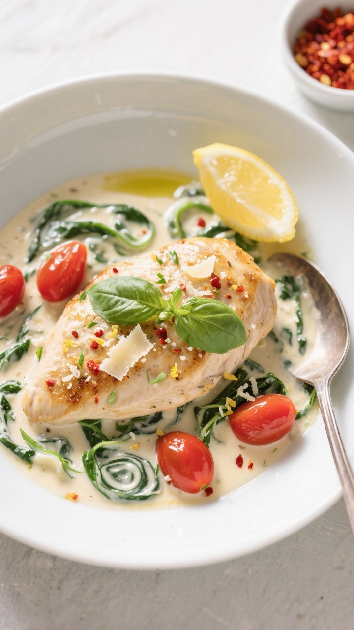 Final dish, overhead: Overhead shot of Low-Cal Creamy Tuscan Chicken plated in a wide white bowl, ch