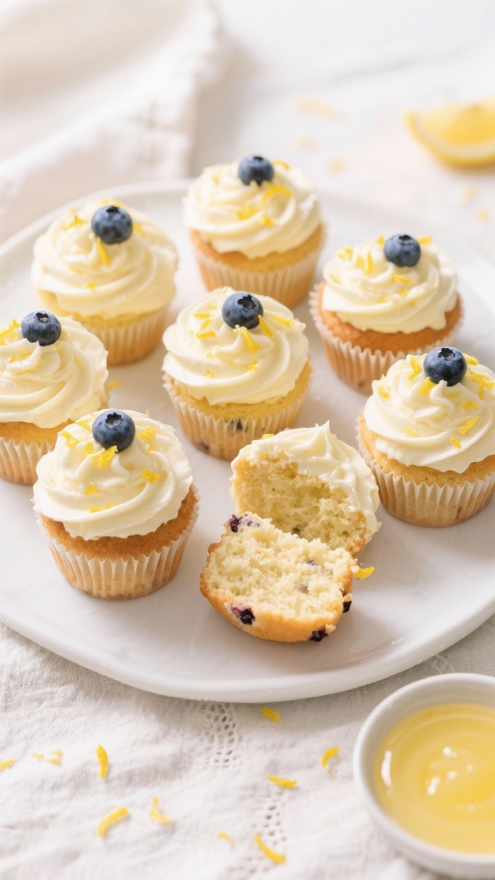 Final dish, tasty top view: Overhead shot of finished lemon blueberry cupcakes with tall, bakery-sty
