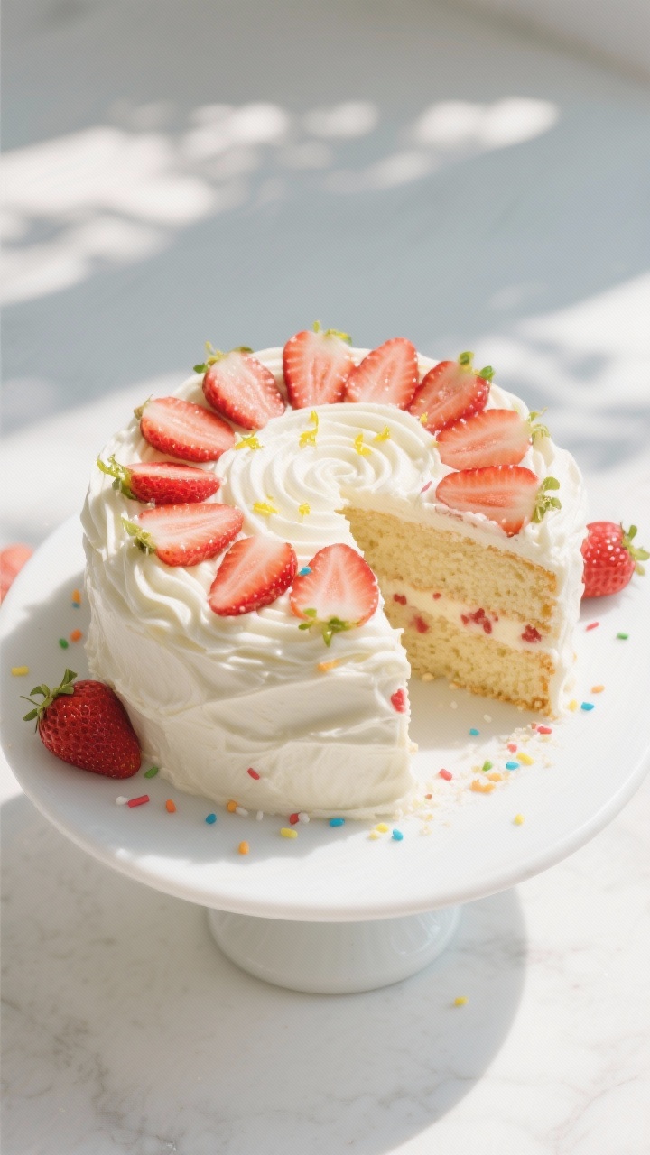 Final dish, tasty top view: Overhead shot of the fully frosted Low-Cal Vanilla Strawberry Cake on a