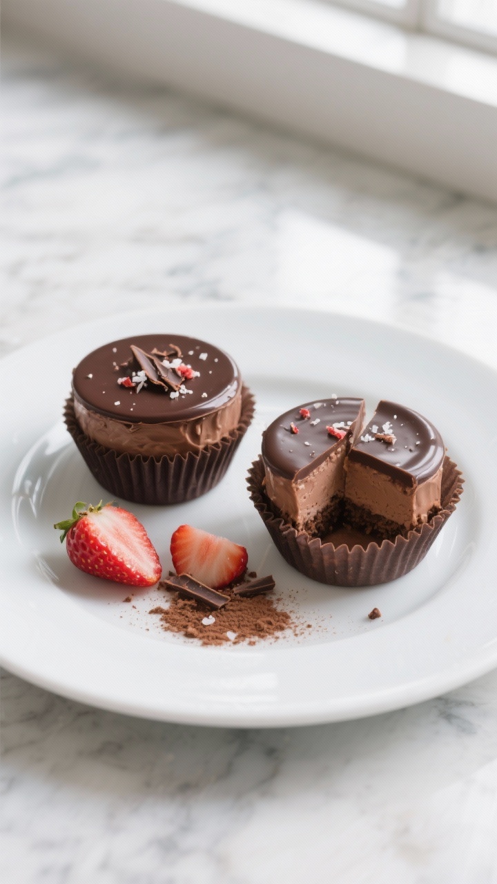 Final dish, top view: Overhead shot of finished Chocolate Strawberry Cheesecake Cups out of their li