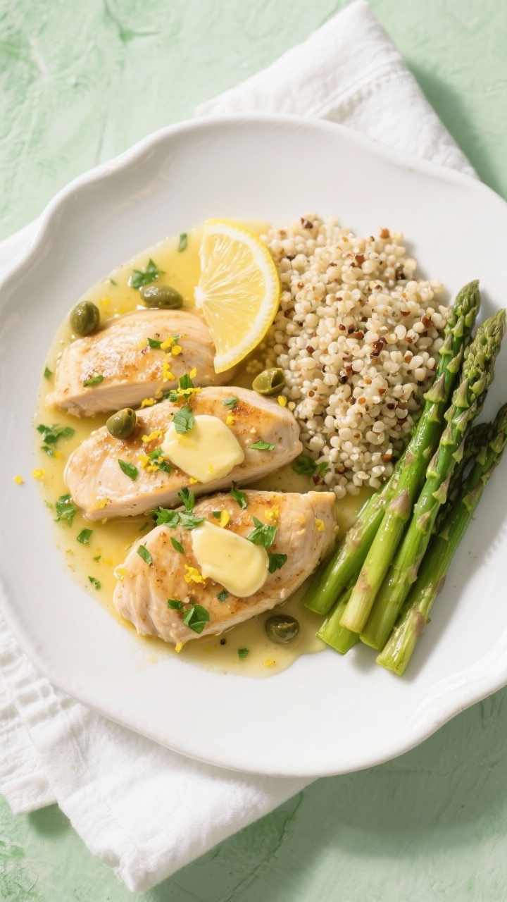 Final dish, top view: Overhead shot of High-Protein Lemon Garlic Chicken Skillet plated on a wide wh