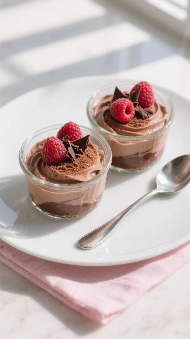 Final dish/top view: Overhead shot of Low-Cal Chocolate Raspberry Protein Mousse set in two petite g